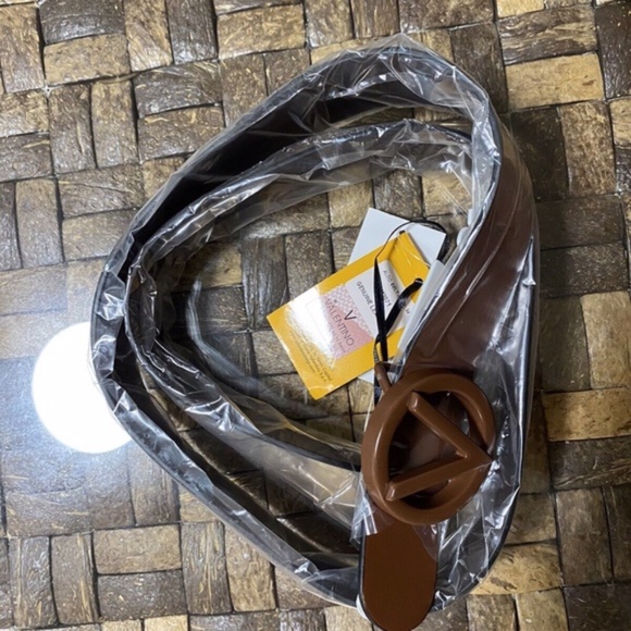 VALENTINO BY MARIO VALENTINO Circular Logo Buckle Brown Leather Belt Size 34 - Picture 2 of 4